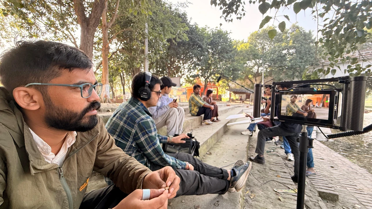 The Eknetra crew with a field monitor on location